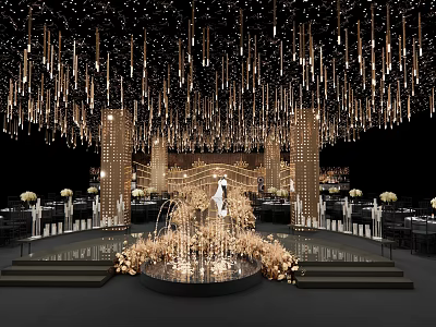 Gorgeous Banquet Hall With Hanging Golden Chandeliers Round Stage Floral Decor And Ambient Lighting 3d model