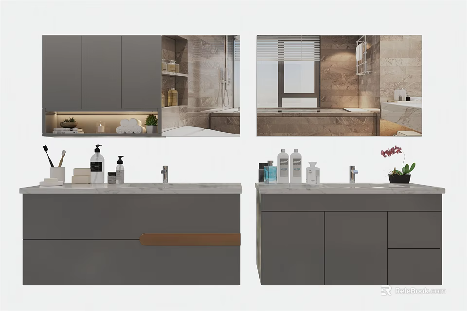 Sleek Grey Bathroom Vanity With Countertop Toiletries And Potted Plant In Bathroom 3d model 