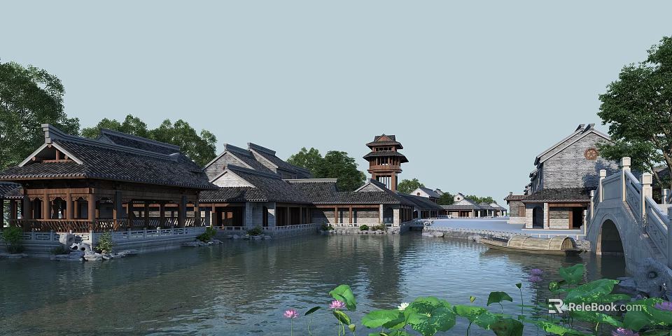 Ancient Chinese Architecture Complex With Traditional Tiled Roofs Pond Pagoda And Lotus Waterfront View 3d model 