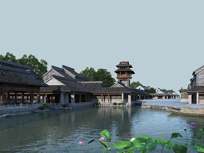 Ancient Chinese Architecture Complex With Traditional Tiled Roofs Pond Pagoda And Lotus Waterfront View 3d model