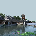 Ancient Chinese Architecture Complex With Traditional Tiled Roofs Pond Pagoda And Lotus Waterfront View