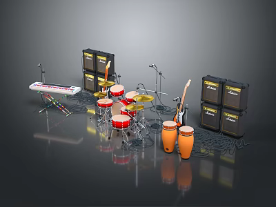 Essential Music Gear Setup With Keyboard Drum Set Electric Guitar Amplifiers Microphone Stands And Drumsticks 3d model