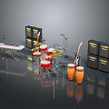 Essential Music Gear Setup With Keyboard Drum Set Electric Guitar Amplifiers Microphone Stands And Drumsticks