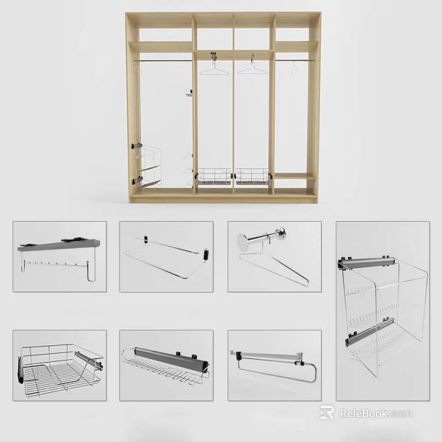 Wooden Wardrobe Interior Design With Hanging Rods Shelf Storage Baskets And Accessories 3d model 