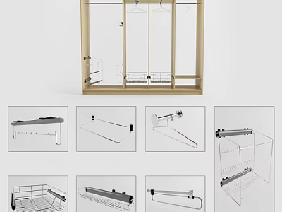 Wooden Wardrobe Interior Design With Hanging Rods Shelf Storage Baskets And Accessories 3d model