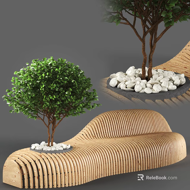 Curved Wooden Outdoor Chair With Green Trees And White Stones Decor 3d model 