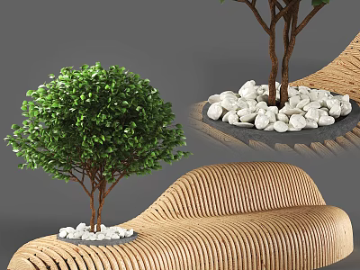 Curved Wooden Outdoor Chair With Green Trees And White Stones Decor 3d model