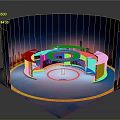 Modern Commercial Equipment Display Setup With Circular Booth Curved Structure And City Backdrop Lighting Effects