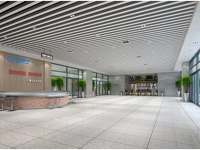 Modern Spacious Station Hall Interior With Service Counter And Glass Entrance Doors 3d model