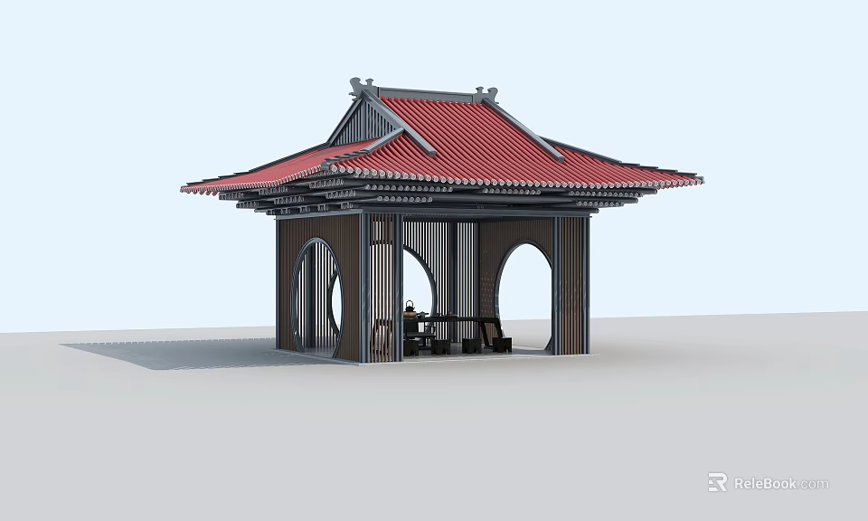 Traditional Chinese Style Pavilion With Red Roof Wooden Arched Windows And Interior Tables 3d model 
