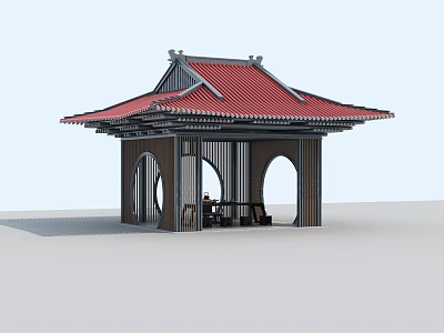 Traditional Chinese Style Pavilion With Red Roof Wooden Arched Windows And Interior Tables 3d model
