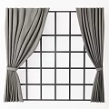 Gray Fabric Curtains Side Open On Grid Window For Room Decor