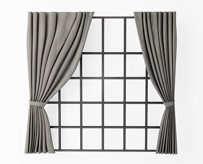 Gray Fabric Curtains Side Open On Grid Window For Room Decor 3d model