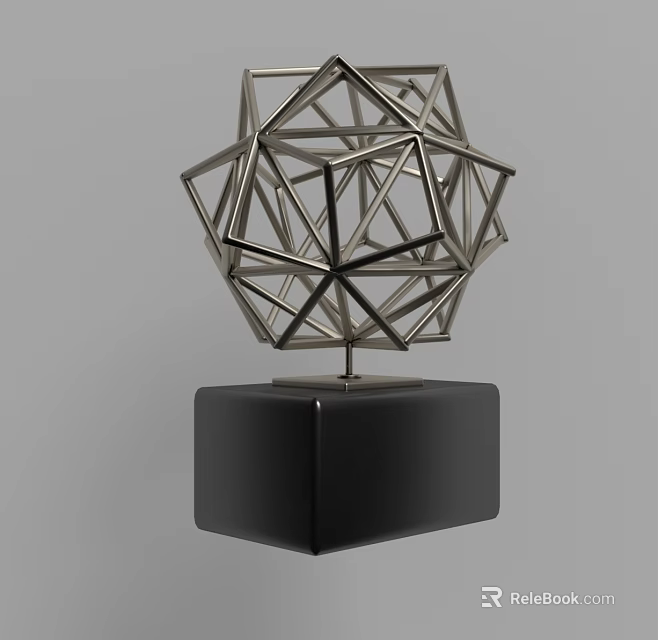 Modern Geometric Metallic Decorative Ornament Set With Black Cube Base 3d model 