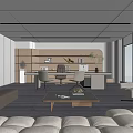 Modern Office Interior Design With Desk Sofa Bookshelf And Large Windows 3d model