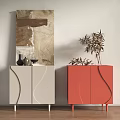 Modern Entryway Side Cabinet With Light Gray And Red Wave Pattern Design Decorative Vases Plants 3d model