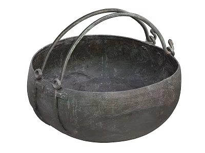 Antique Round Ceramic Vessel With Textured Surface And Metal Handles 3d model