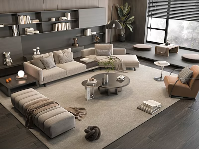Modern Living Room Beige Sofa And Coffee Table Set With Footstool Bookshelf And Plants 3d model