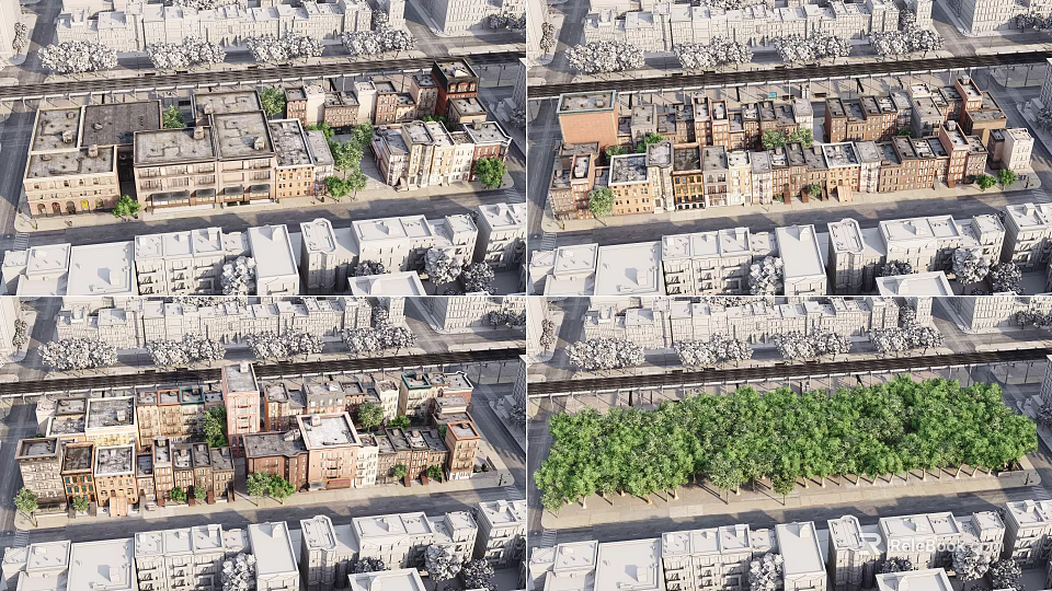 Urban Commercial Street With Diverse Buildings Green Trees And Shop Fronts 3d model 