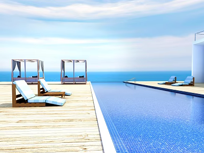 Serene Garden Landscape With Infinity Pool Wooden Deck Lounge Chairs And Ocean View 3d model