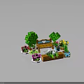 Pixel Style Natural Scene With Green Heart Trees Colorful Flowers Wooden Path And Flower Pots