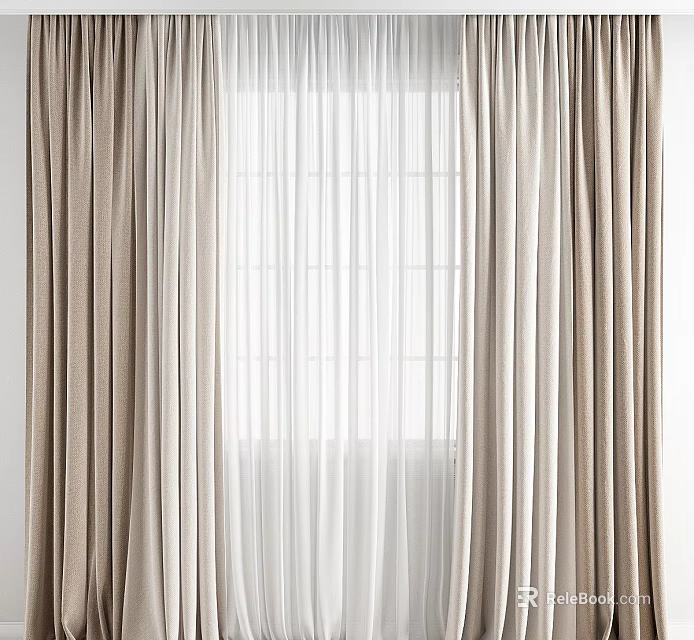 Elegant Beige And White Double Layer Curtains With Linen Texture And Light Filtering Design 3d model 