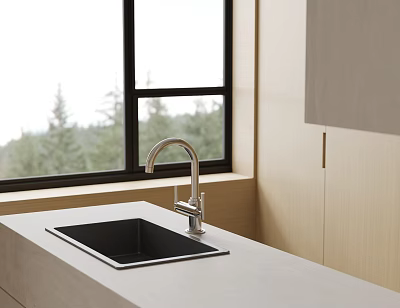 Modern Kitchen Sink With Chrome Faucet On Light Colored Countertop By Window With Trees Outside 3d model