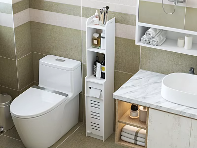 White Multi tier Bathroom Storage Shelf in Modern Bathroom with Toiletries and Towels 3d model