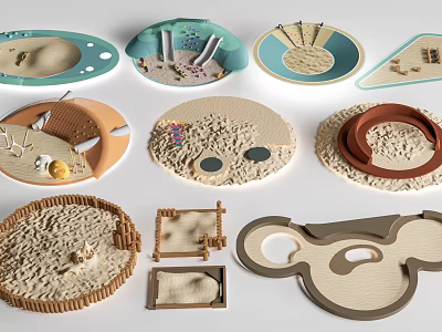 Round Oval And Irregular Shaped Garden Ornaments With Sandy Surfaces And Wooden Frames 3d model