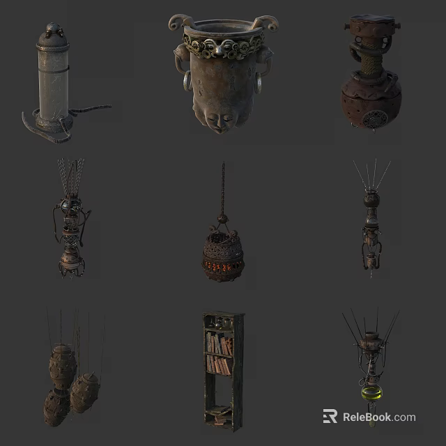 Vintage Ornament Decoration Set With Metal Lanterns Bookshelf And Decorative Pieces 3d model 