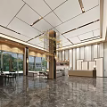 Modern Luxury Hotel Lobby Interior With Chandelier Marble Floor Sofas And Floor to Ceiling Windows