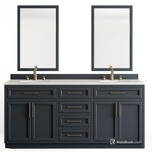 Dark Bathroom Vanity With Double Mirrors Brass Faucets Drawers And Cabinets White Countertop 3d model 