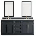 Dark Bathroom Vanity With Double Mirrors Brass Faucets Drawers And Cabinets White Countertop
