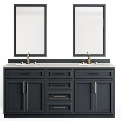 Dark Bathroom Vanity With Double Mirrors Brass Faucets Drawers And Cabinets White Countertop 3d model