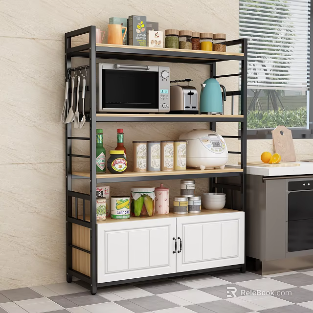Modern Kitchen Storage Shelf With Microwave Kettle Food Cans Bowls And Cabinet Doors 3d model 