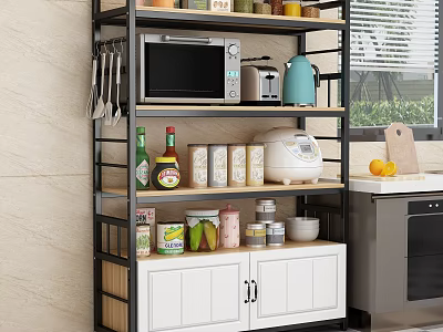 Modern Kitchen Storage Shelf With Microwave Kettle Food Cans Bowls And Cabinet Doors 3d model
