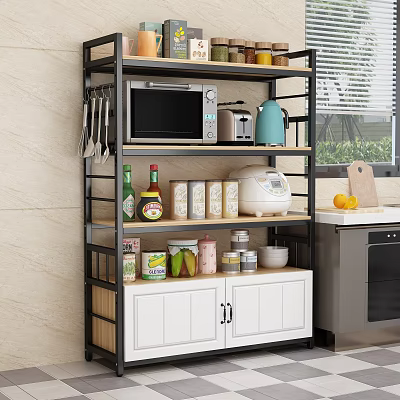 Modern Kitchen Storage Shelf With Microwave Kettle Food Cans Bowls And Cabinet Doors 3d model