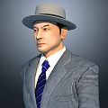Two Men in Gray Suits with Blue Ties Wearing Hats Against Gray Background