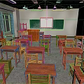 Traditional Classroom Interior With Wooden Desks Green Blackboard Teacher Desk And Windows