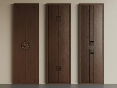 Traditional Chinese Dark Brown Wooden Doors With Carved Circular And Geometric Patterns 3d model