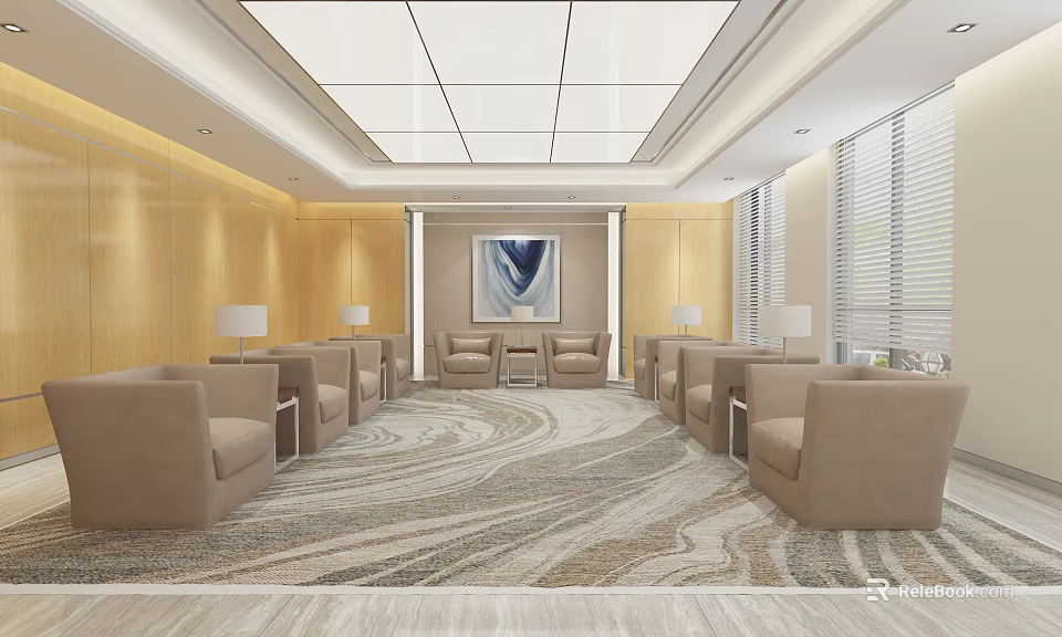 Modern Hotel Public Lounge Area With Beige Sofas Striped Carpet Wooden Walls And Wall Painting 3d model 
