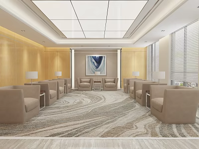 Modern Hotel Public Lounge Area With Beige Sofas Striped Carpet Wooden Walls And Wall Painting 3d model
