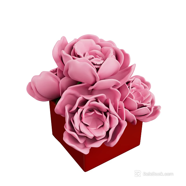 Blooming Pink Peony Flowers In Red Square Vase Arrangement 3d model 