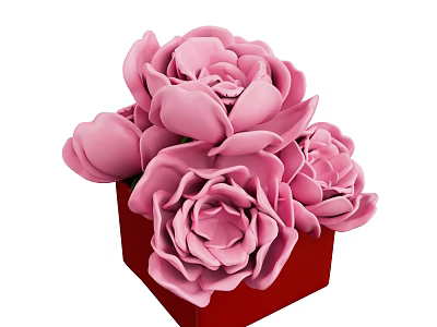 Blooming Pink Peony Flowers In Red Square Vase Arrangement 3d model