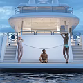 Luxury Yacht Deck With Women In Bikini Outdoor Table Chairs Ocean View And Sky
