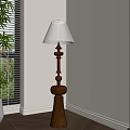 Wooden Floor Lamp With White Lampshade By Window With Blinds And Green Plant