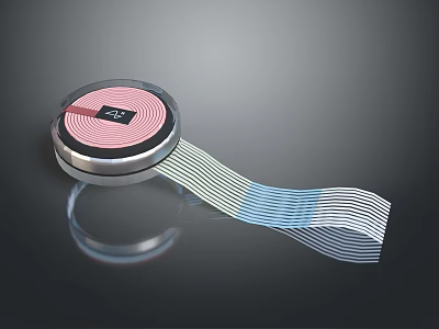 Circular Electronic Device With Pink Display Showing Number 24 And Flexible Ribbon Cable 3d model
