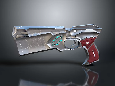 Futuristic Sci Fi Weapon Pistol With Metallic Body Red Grip And Glowing Elements 3d model