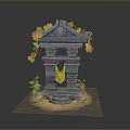 Landscape View Of Stone Structure With Yellow Falling Leaves Orange Cloth Sand And Green Plants