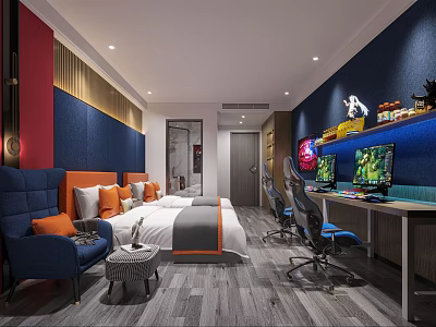 Hotel Guest Room Featuring Gaming Setup Dual Monitors Orange Headboard And Blue Armchair 3d model